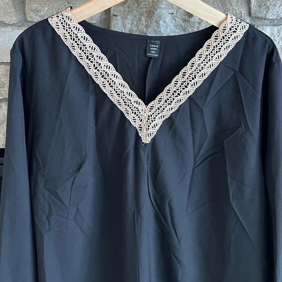 SHEIN CURVE CONTRAST LACE LONG-SLEEVE BLOUSE BLACK/TAN 0XL WOMEN - Picture 5 of 15
